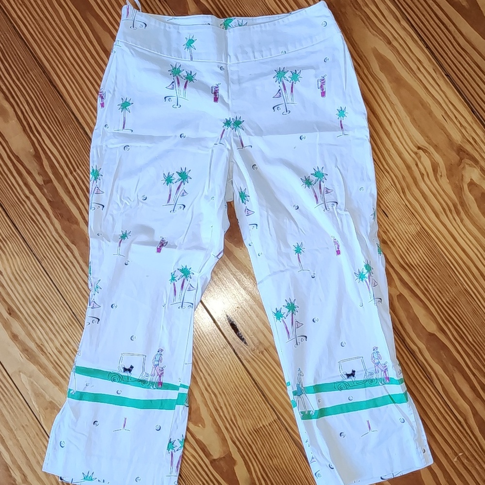Women's White Golf Cart Girl Palm Print Cropped Capri Pants with Green Stripes
